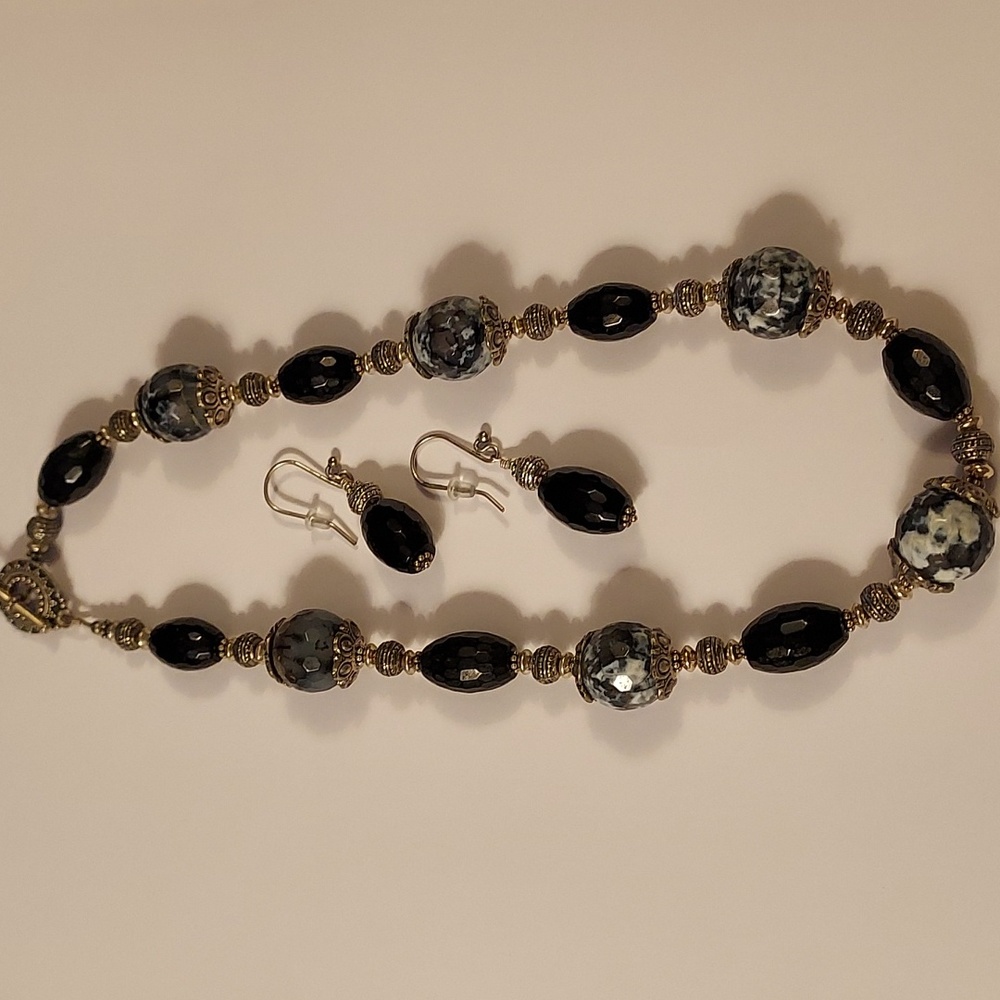Boho necklace earring set Blue and Black stone and beads with silver tone links